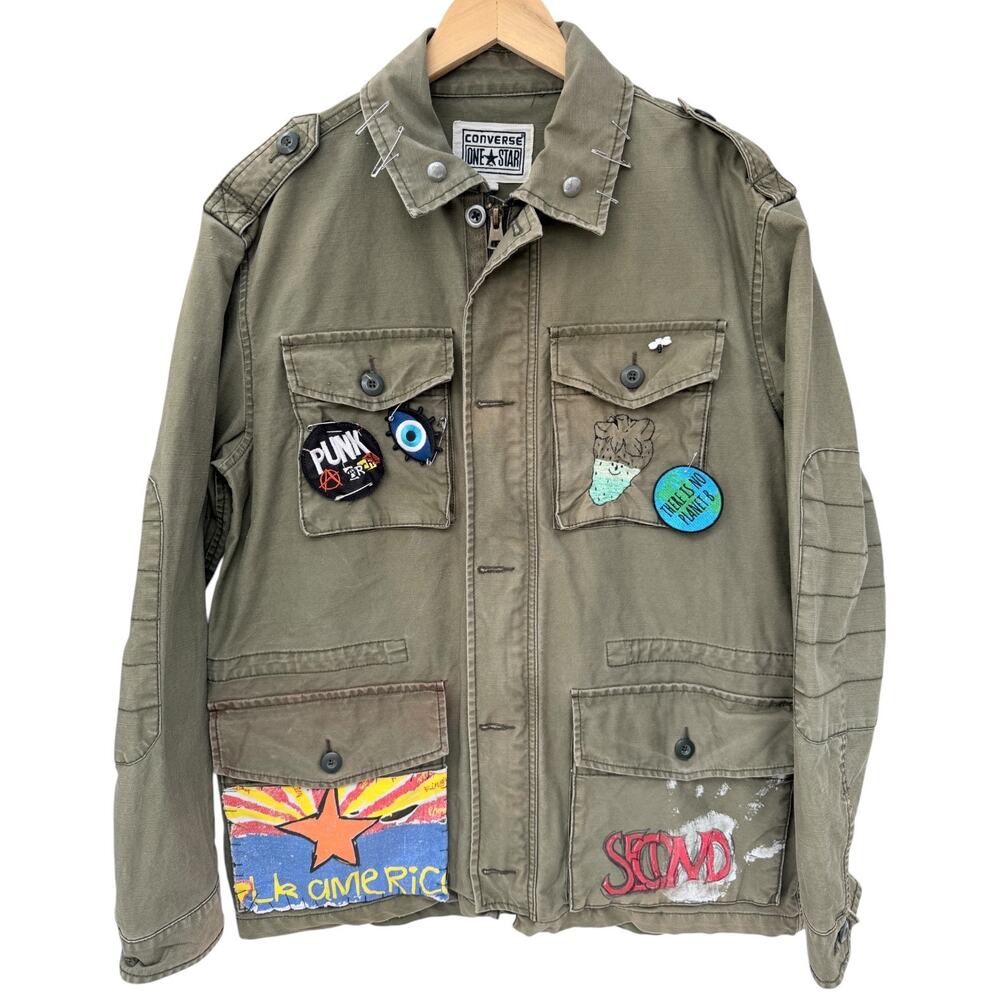 Converse One Star Custom Military Jacket Mens Medium Green Punk Patch Coat